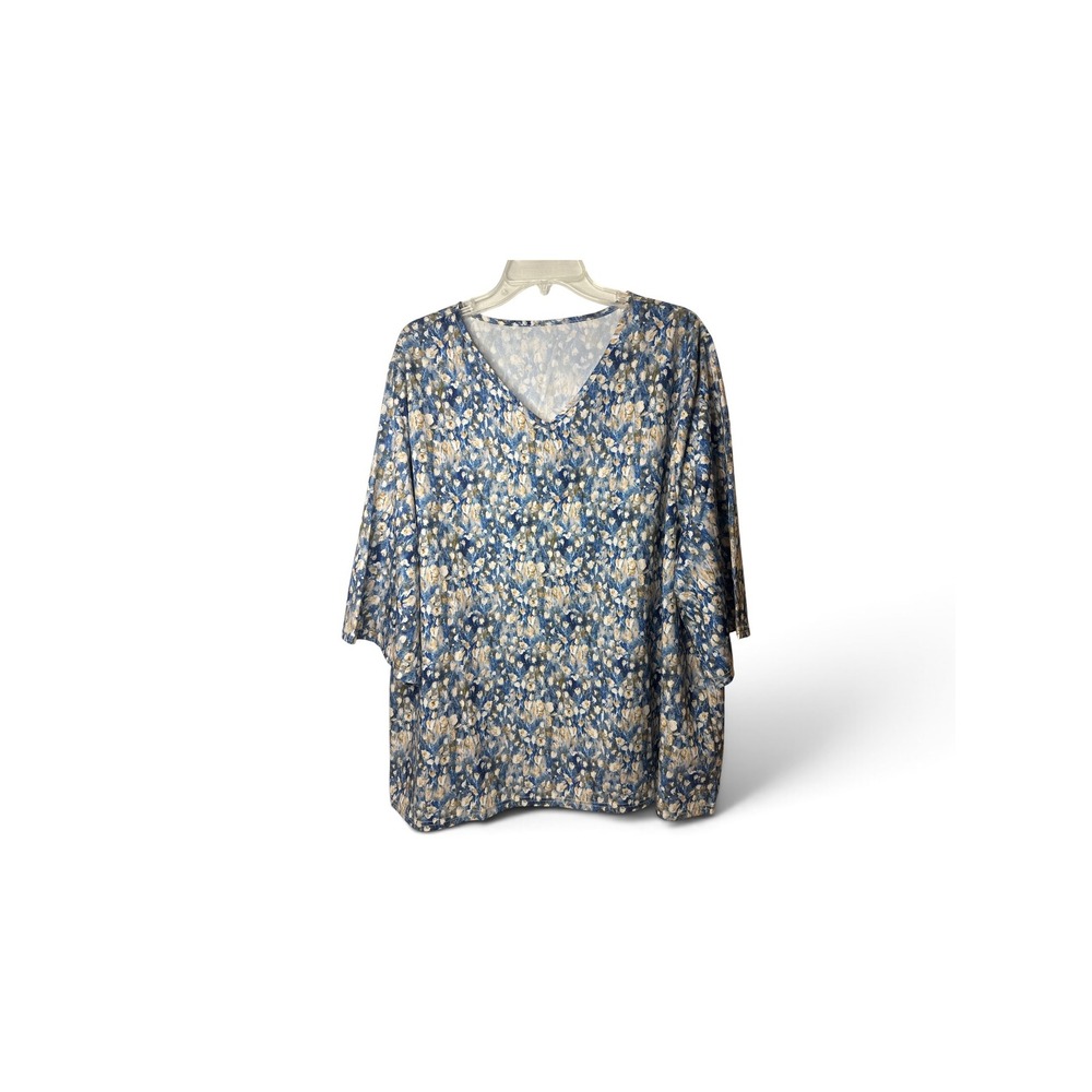 Blue Floral V-Neck Blouse 3/4 Sleeve Impressionist Print Top Plus Size 4XL